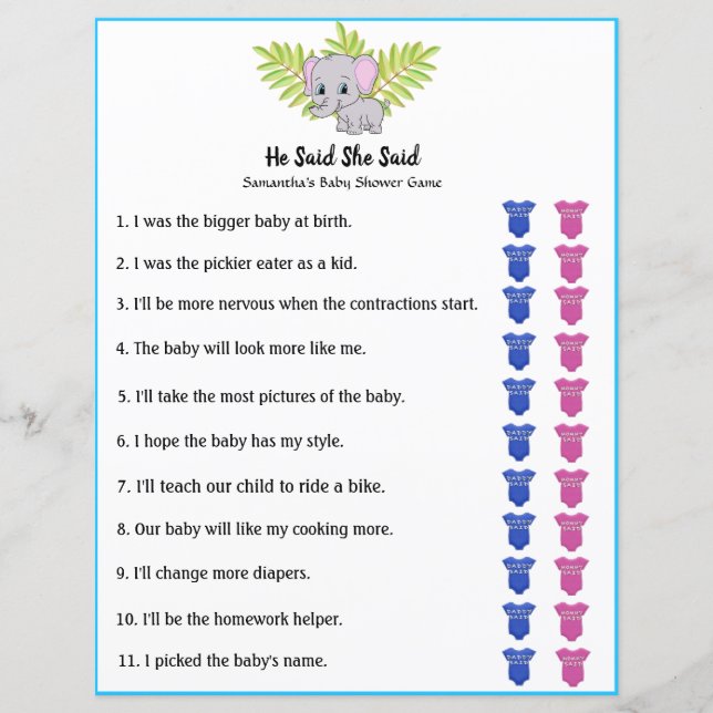 Papier Elephant Baby shower Garçon Il A Dit Qu'Elle A Dit (Devant)