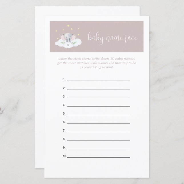 Papier Eléphant Baby shower Jeu de deviner jeu rose (Devant / Derrière)