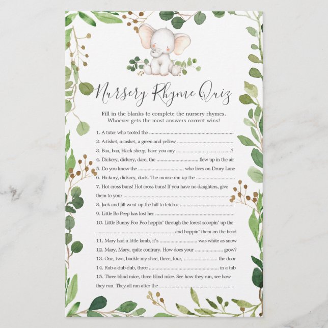 Papier Elephant Baby shower Nursery Rhyme Jeu (Devant)
