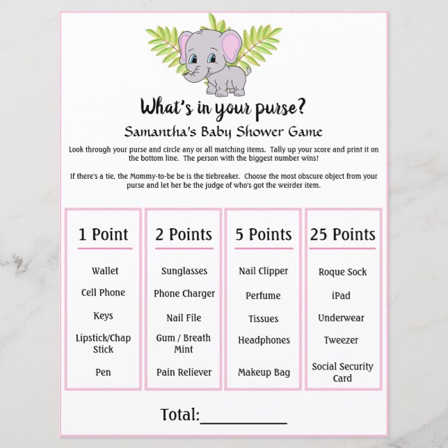 Papier Elephant Baby shower Whats Dans Votre Jeu De Purse (Devant)