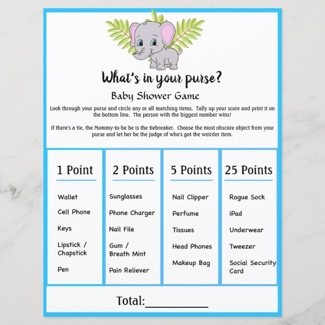Papier Elephant Baby shower Whats Dans Votre Jeu De Purse (Devant)