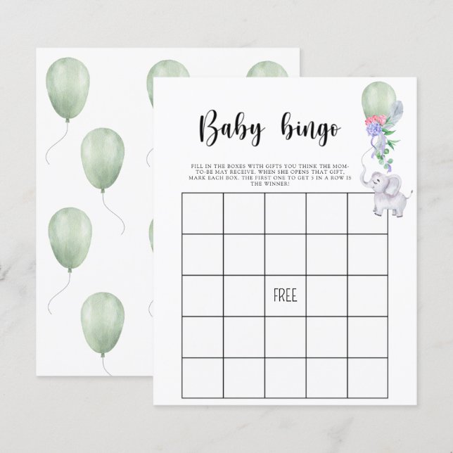 Papier Eléphant & ballon - Baby shower jeu de bingo (Devant / Derrière)