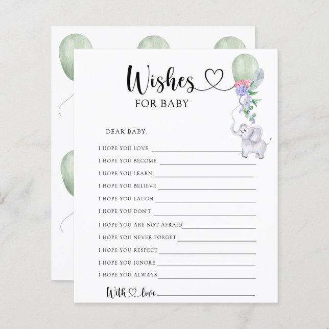 Papier Elephant & Balloon - Partie | voeux pour bébé (Devant / Derrière)