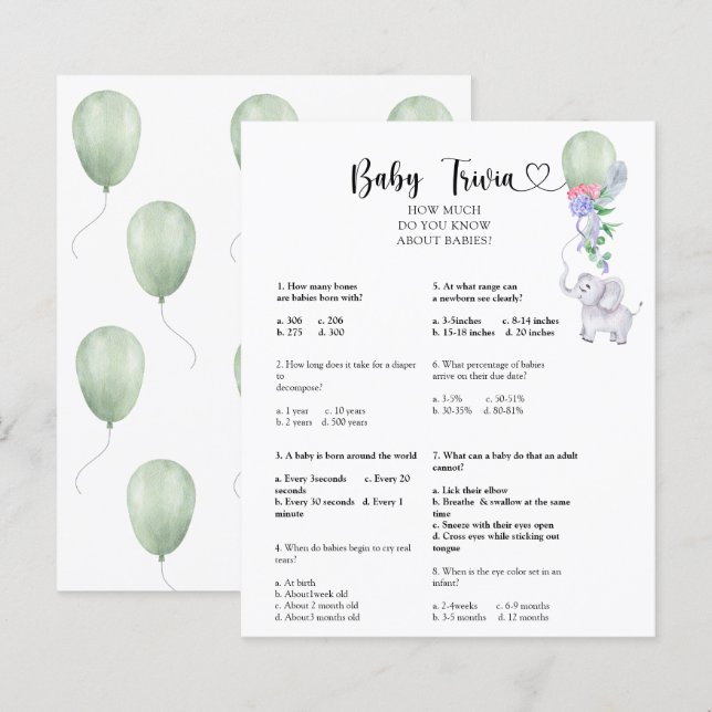 Papier Elephant & Balloon - Trivia bébé | Jeu Baby shower (Devant / Derrière)