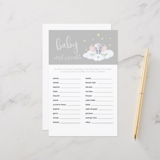Papier Eléphant Douche Bébé Mot Scramble Gray (Devant/Arrière en situation)