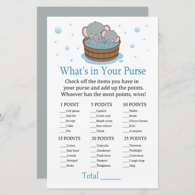 Papier Eléphant mignon Qu'y a-t-il dans votre sac à main (Devant / Derrière)