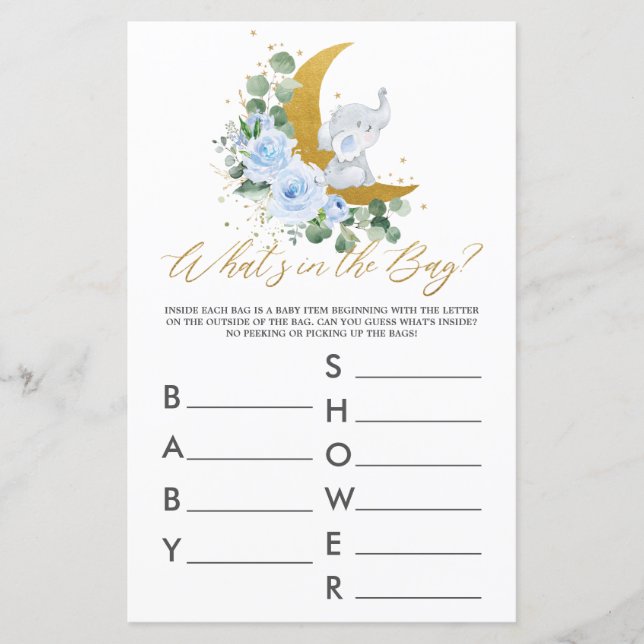 Papier Elephant Moon Blue Floral What's In the Bag Game (Devant)
