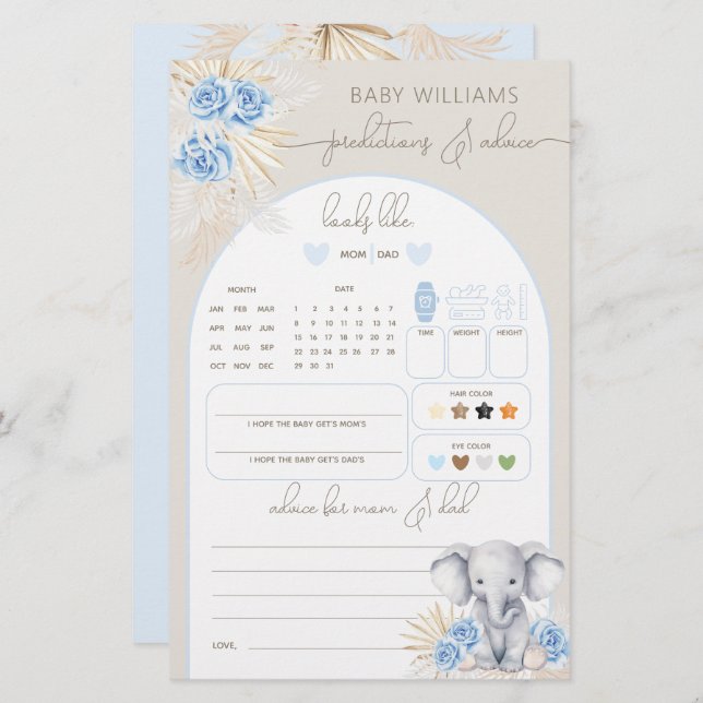 Papier Elephant Oh Boy Safari Baby shower de prédiction J (Devant / Derrière)