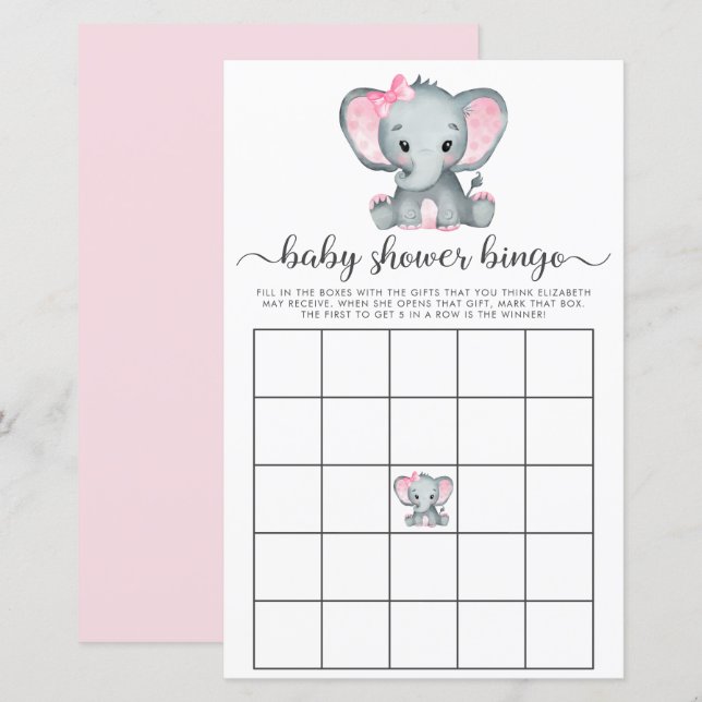 Papier Elephant rose Aquarelle Bingo Jeu de douche Bingo (Devant / Derrière)