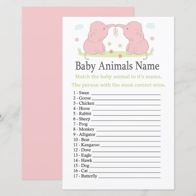 Papier Eléphant rose Bébé Animaux Nom Jeu (Devant / Derrière)
