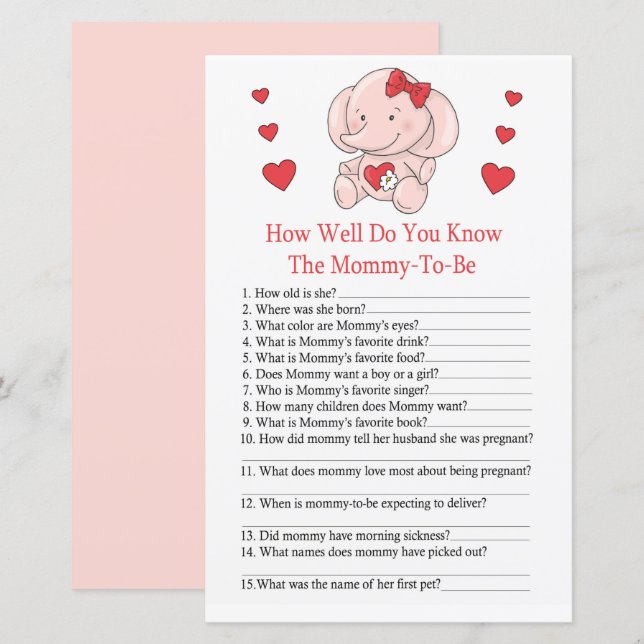 Papier éléphant rose Connaissez-vous bien le bébé showerg (Devant / Derrière)