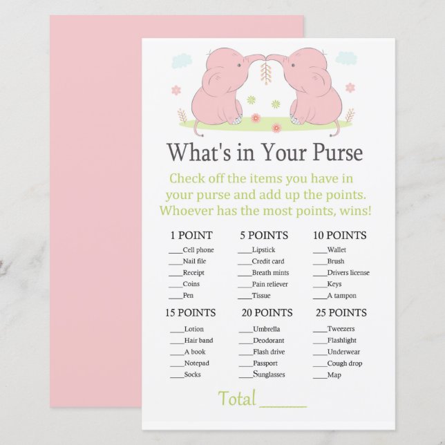 Papier Eléphant rose Qu'y a-t-il dans votre sac à main (Devant / Derrière)