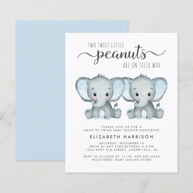 Papier Elephant Twin Baby Boys Drive Par Douche Invitatio (Devant / Derrière)