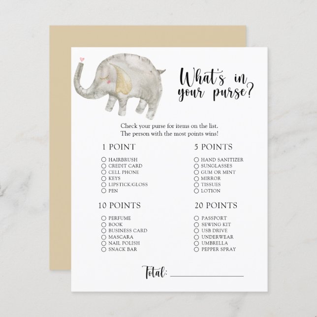 Papier Elephant - Whats dans votre sac à baby shower jeu (Devant / Derrière)