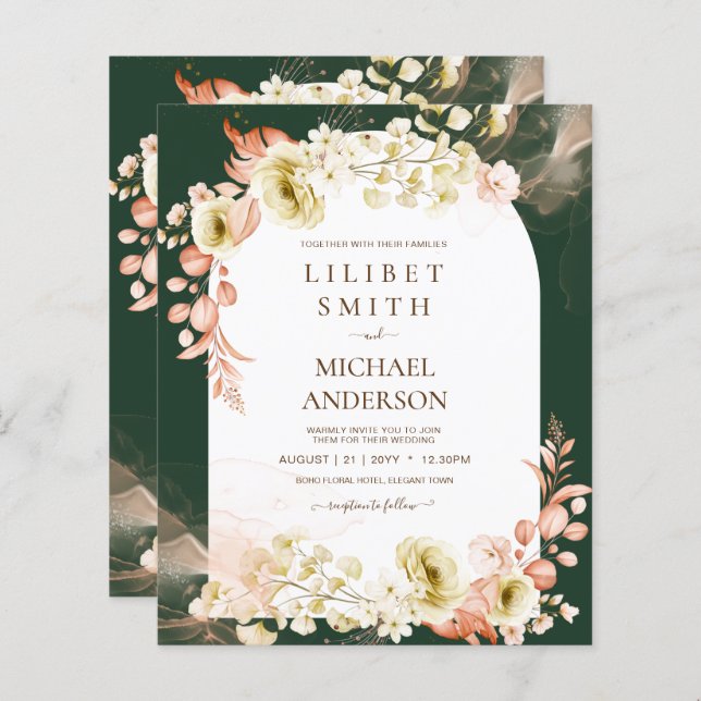 Papier Emerald Green Boho Floral Mariage (Devant / Derrière)