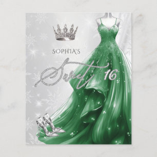 Papier Emerald Green Robe Snowflakes Sweet 16 Invitation