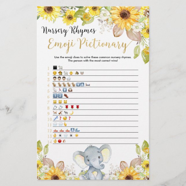 Papier Emoji pictionary baby shower jeu jaune éléphant (Devant)