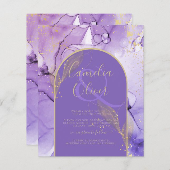 Papier Encre Abstrait PURPLE OR Lavande Mariage INVITE (Devant / Derrière)