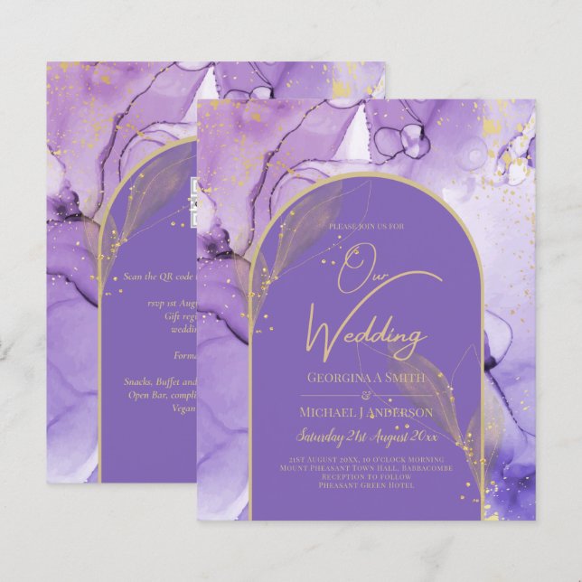 Papier Encre Abstrait PURPLE OR Lavande Mariage INVITE (Devant / Derrière)