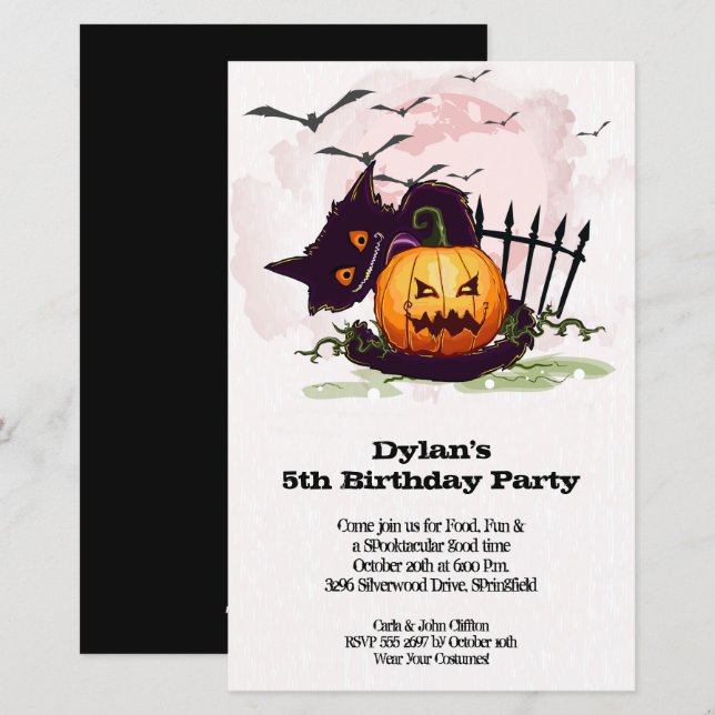 Papier Enfants Chat Noir Halloween Invitations d'annivers (Devant / Derrière)