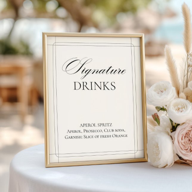 Papier Enseigne Vintage Gris Clair Boissons      (Signature Drinks Vintage Light Gray Sign)