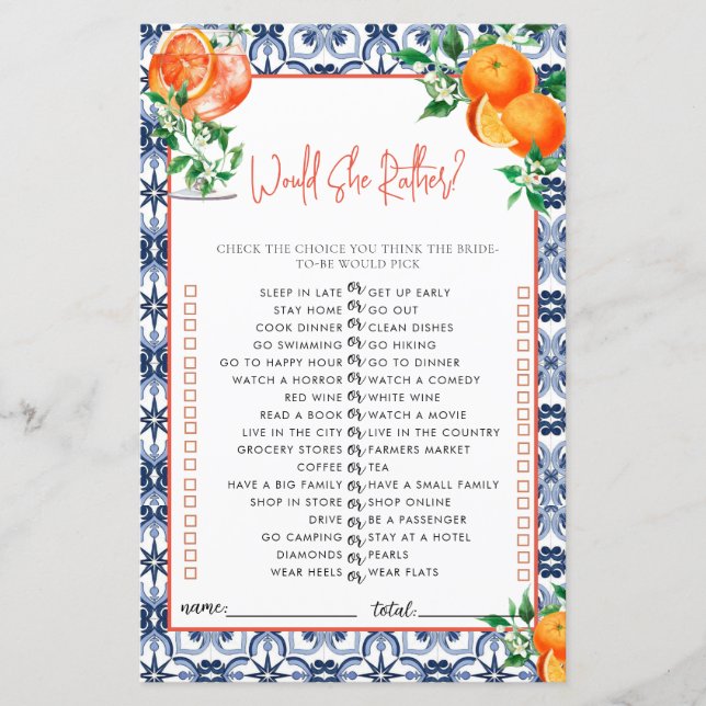 Papier Est-Ce Qu'Elle Préférerait ? Jeu de Fête des marié (Devant)