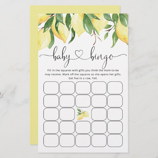 Papier Été Bingo Citron Citrus Baby shower Jeu (Devant / Derrière)
