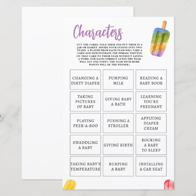 Papier Été Popsicle Baby shower Jeu caractères (Devant / Derrière)