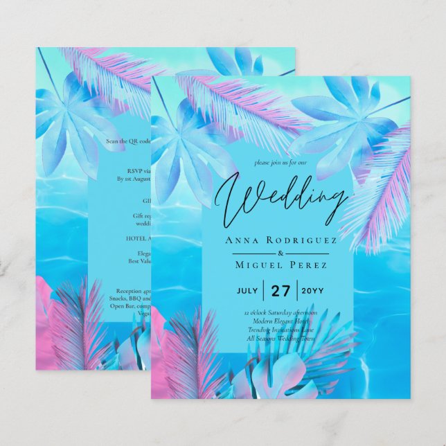 Papier Eté tropical moderne Aqua Mariage bleu rose (Devant / Derrière)