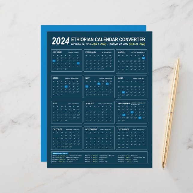 Papier Ethiopian Calendar Converter pour l'année 2024 (Devant/Arrière en situation)