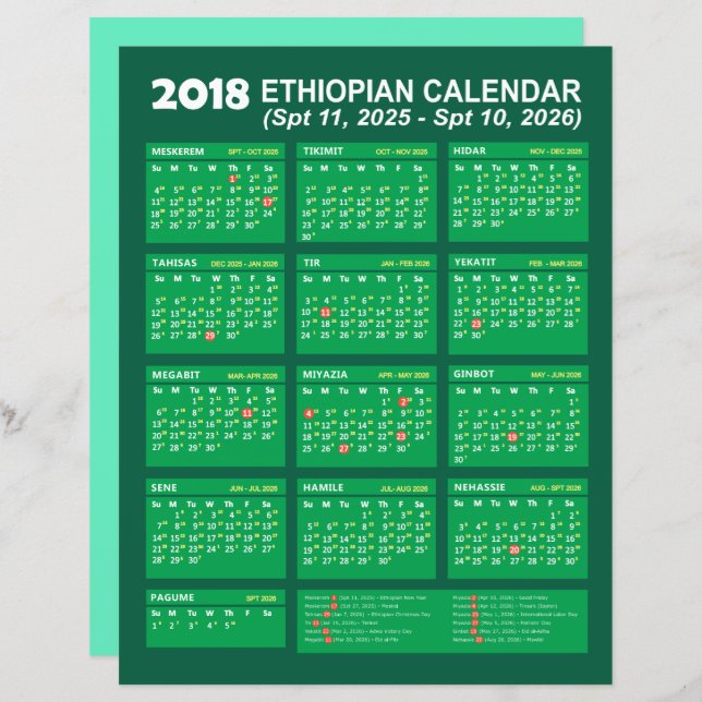 Papier Ethiopian Calendar Converter pour l'année 2025 202 (Devant / Derrière)