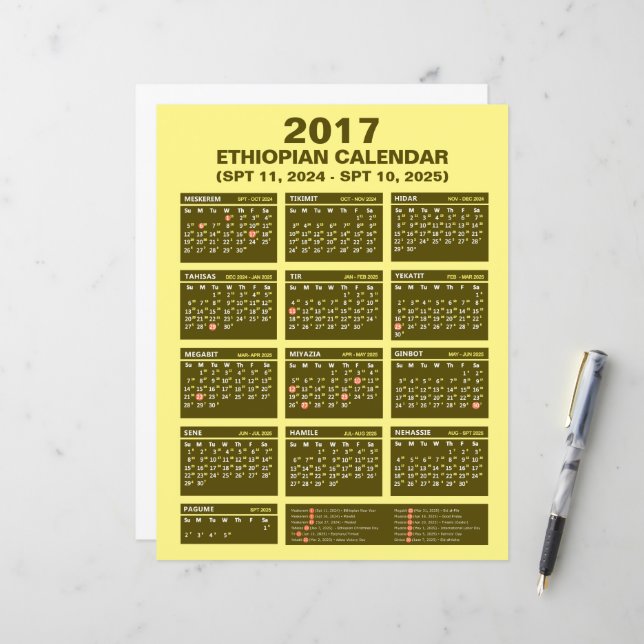Papier Ethiopian Calendar Converter Spt 2024 à 2025 (Devant/Arrière en situation)