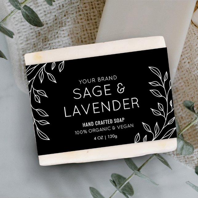 Papier Étiquette d'emballage de savonnette noir et blanc  (Simple Floral Black & White Soap Bar Wrapper Label)