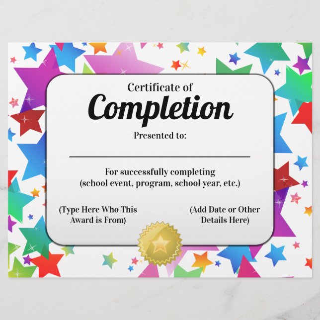 Papier Étoiles colorées Certificat d'achèvement 8.5x11 (Devant)