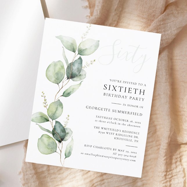 Papier Eucalyptus 60e anniversaire de fête Invitation (Eucalyptus Budget 60th Birthday Party Invitation)
