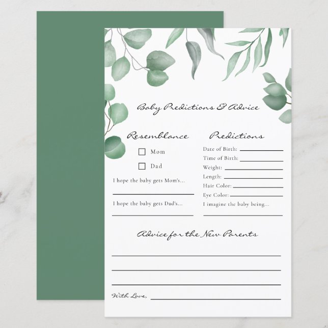 Papier Eucalyptus Baby shower Jeu Prédictions et conseils (Devant / Derrière)
