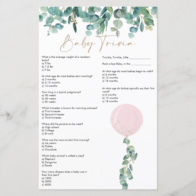 Papier Eucalyptus Baby shower rose ballon Trivia bébé (Devant)