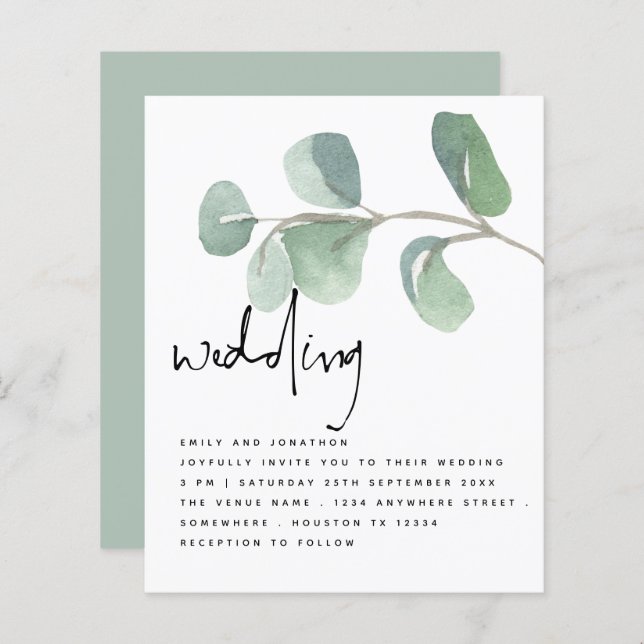 Papier Eucalyptus BUDGET Invitation à un mariage informel (Devant / Derrière)
