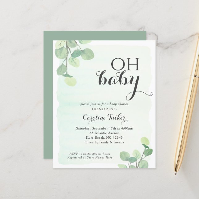 Papier Eucalyptus Budget OH Baby shower Invitation (Devant/Arrière en situation)