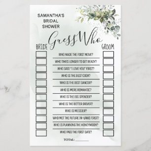 Papier Eucalyptus Devinez qui jeu de baby shower bilingue