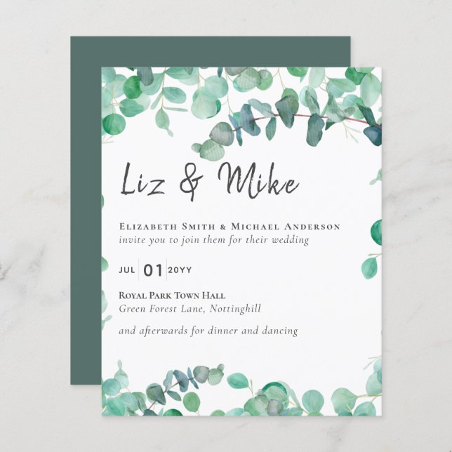 Papier Eucalyptus Faire-part de mariage Budget Vert Feuil (Devant / Derrière)