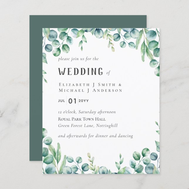 Papier Eucalyptus Faire-part de mariage Budget Vert Feuil (Devant / Derrière)