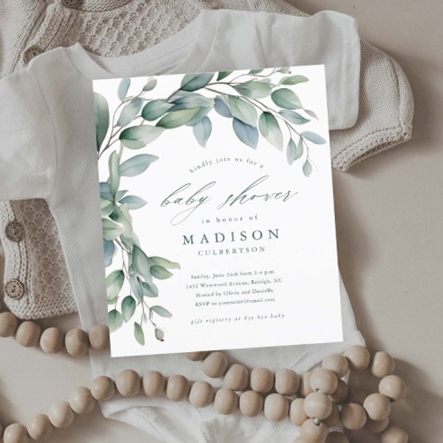 Papier Eucalyptus Genre Nuetral Baby Shower Invitations (Budget Eucalyptus Greenery Leaves Baby Shower Invitations.)