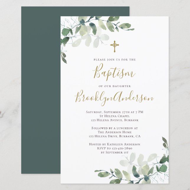 Papier Eucalyptus Grand Budget Baptême Invitation (Devant / Derrière)