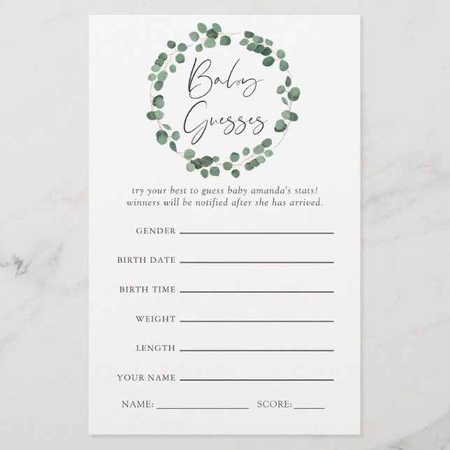 Papier Eucalyptus Green Baby shower Jeu (Devant)