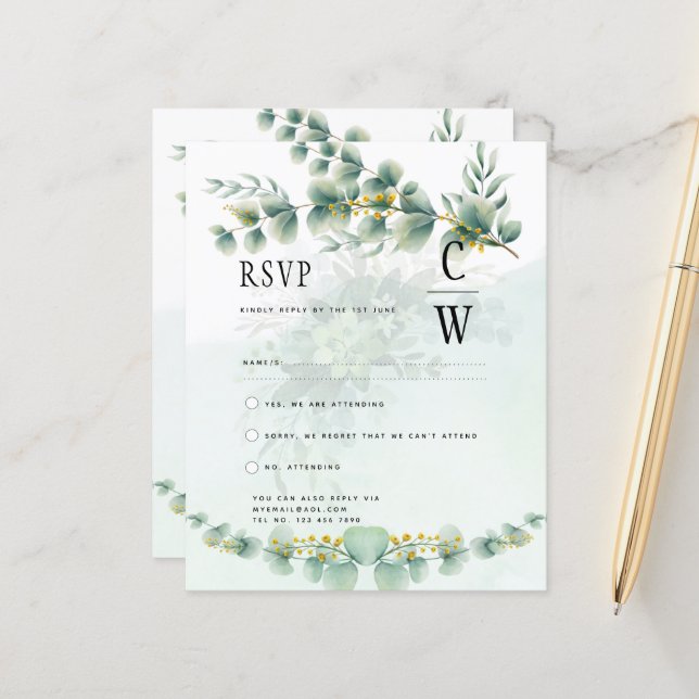 Papier Eucalyptus Mariage RSVP Qr Code Vert moderne (Devant/Arrière en situation)