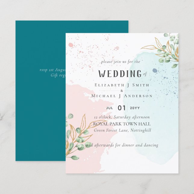 Papier Eucalyptus moderne Mariage bleu rose (Devant / Derrière)