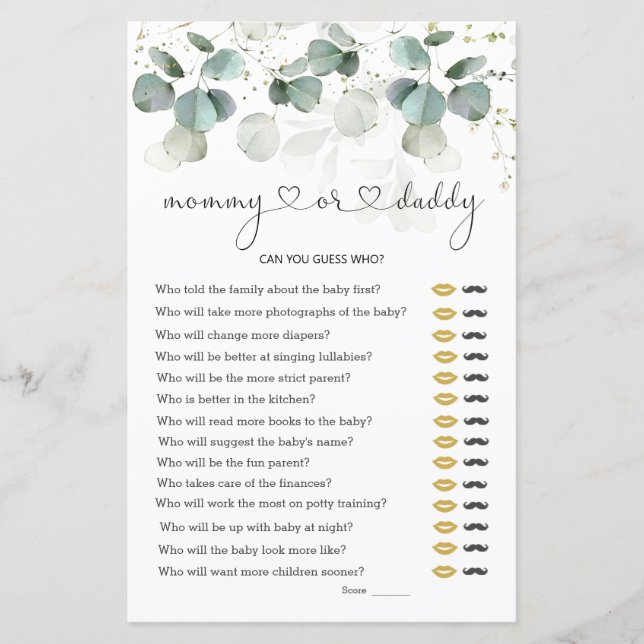 Papier Eucalyptus Mommy ou papa Baby shower Jeu (Devant)