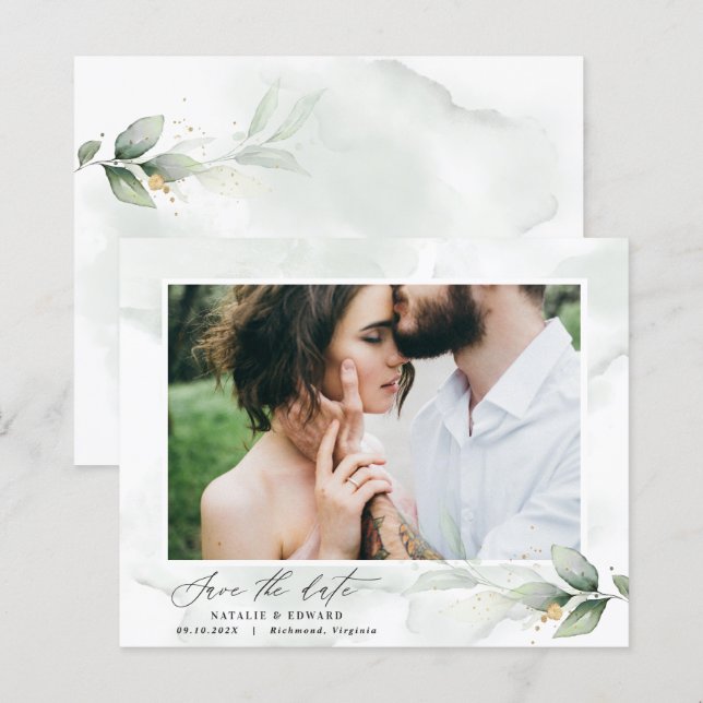 Papier Eucalyptus photo vert moderne élégant mariage écon (Devant / Derrière)