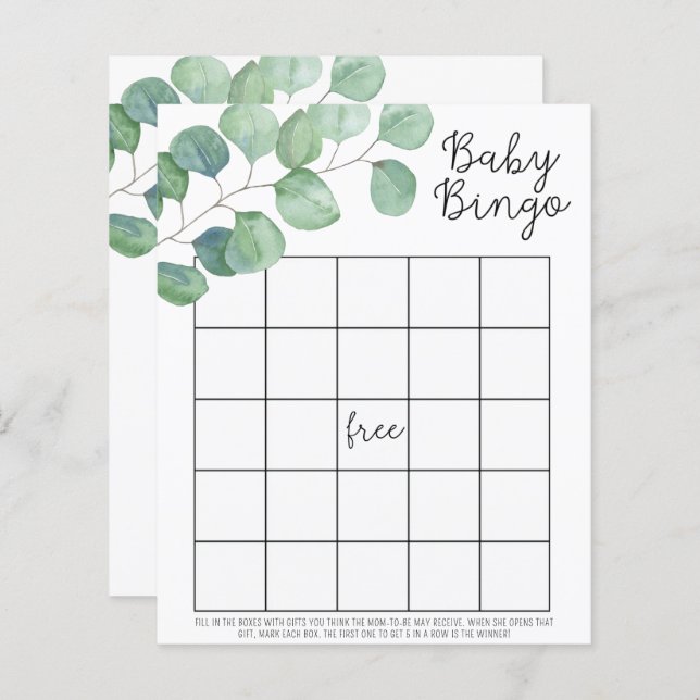 Papier Eucalyptus vert - Baby shower jeu de bingo (Devant / Derrière)